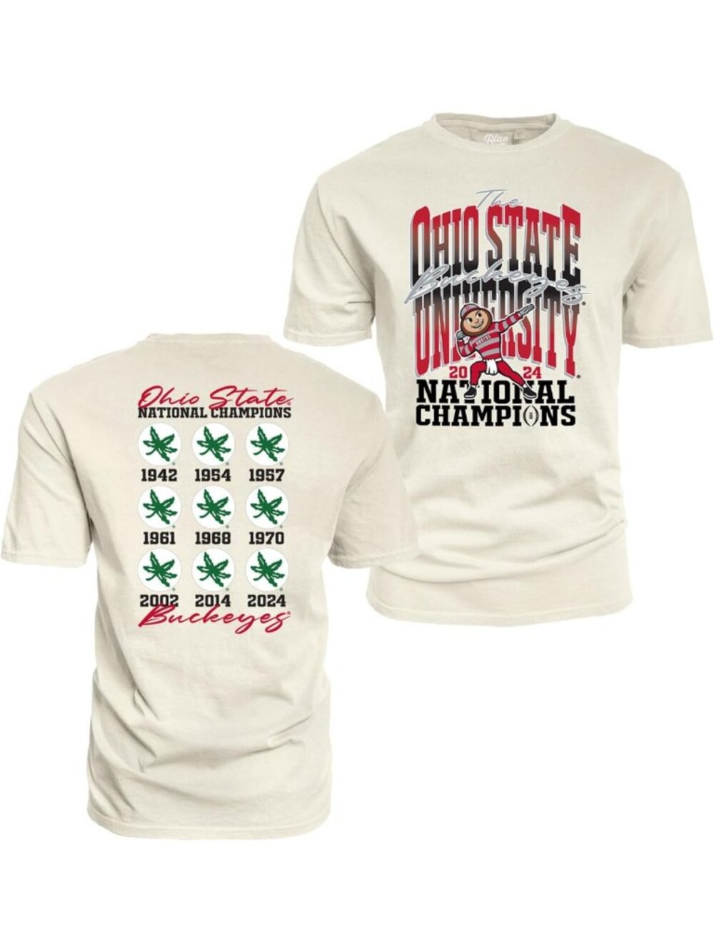 2024 National Champs T-Shirt - Ohio State Buckeyes, Dyed Ivory, Front & Back